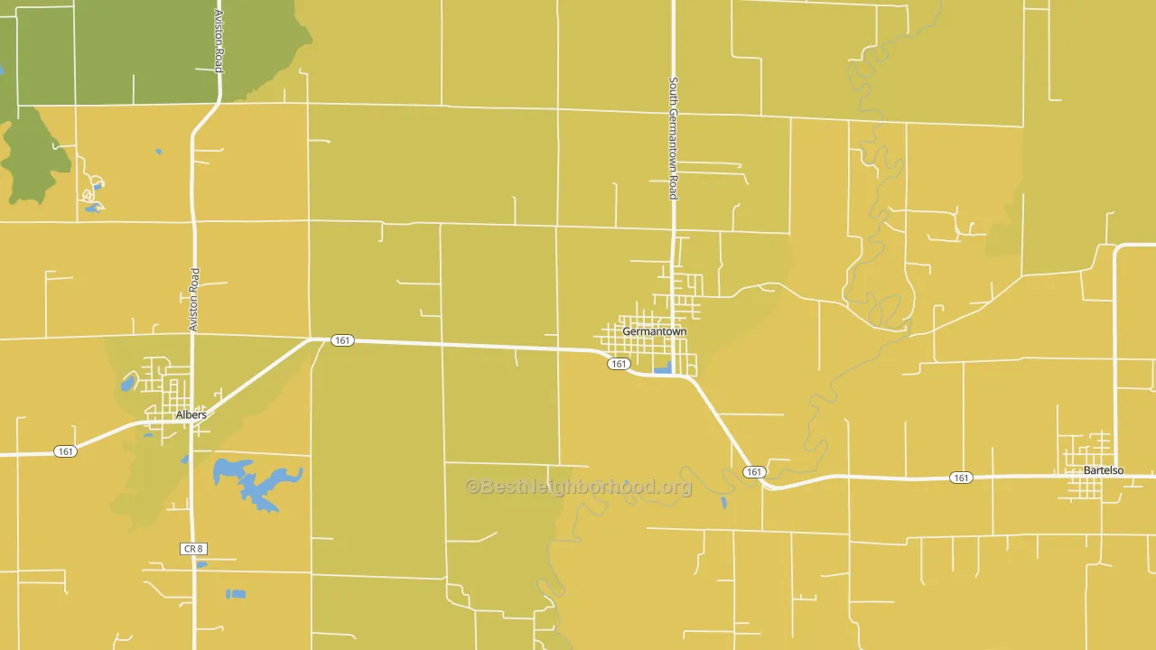 Map of the best neighborhoods in the 62245 area, with better matches in green and worse matches in red