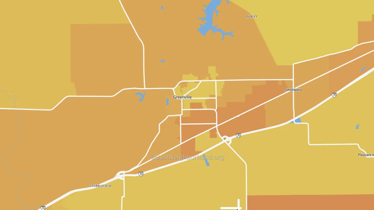Map of the best neighborhoods in the 62246 area, with better matches in green and worse matches in red