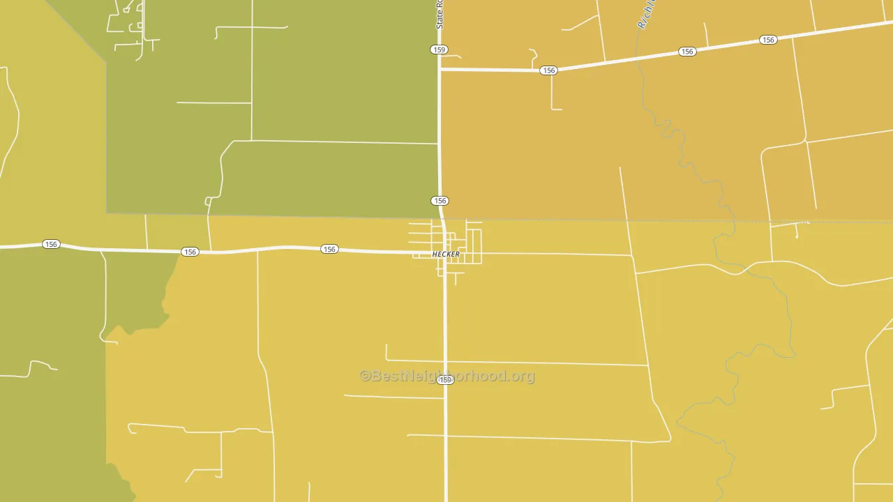 Map of the best neighborhoods in the 62248 area, with better matches in green and worse matches in red