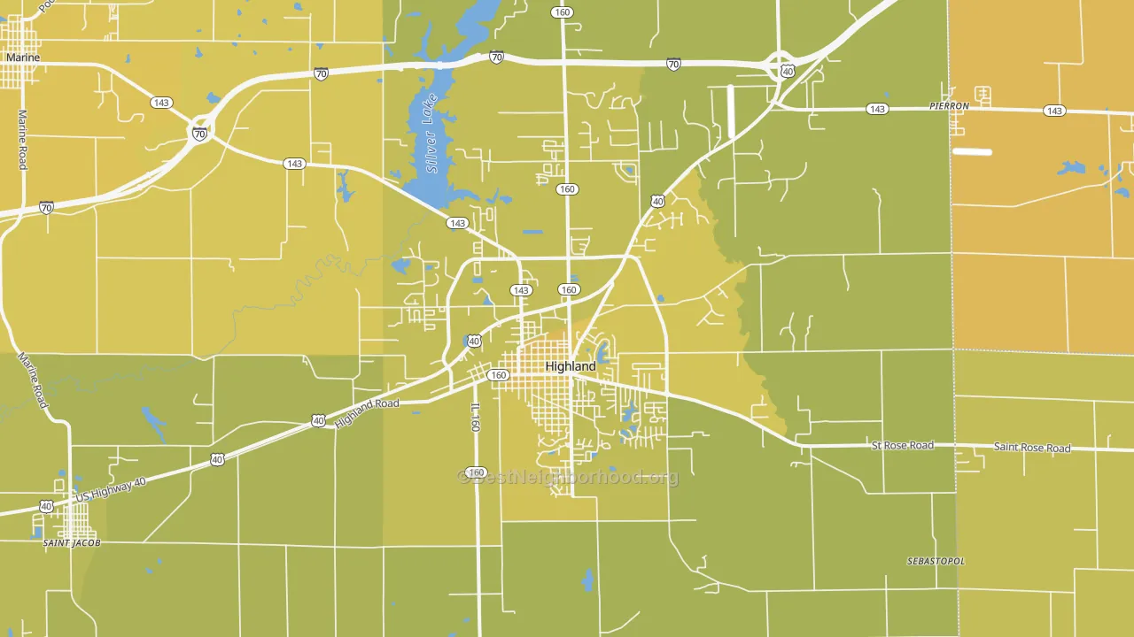 Map of the best neighborhoods in the 62249 area, with better matches in green and worse matches in red