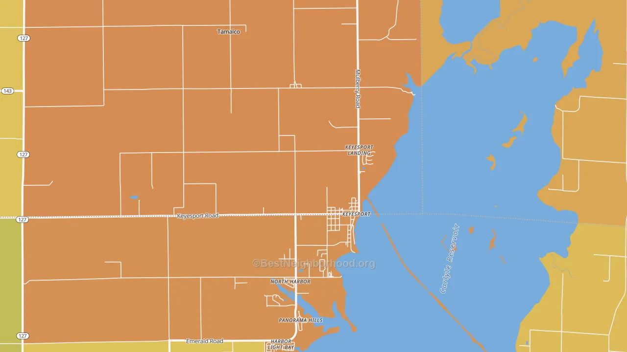 Map of the best neighborhoods in the 62253 area, with better matches in green and worse matches in red