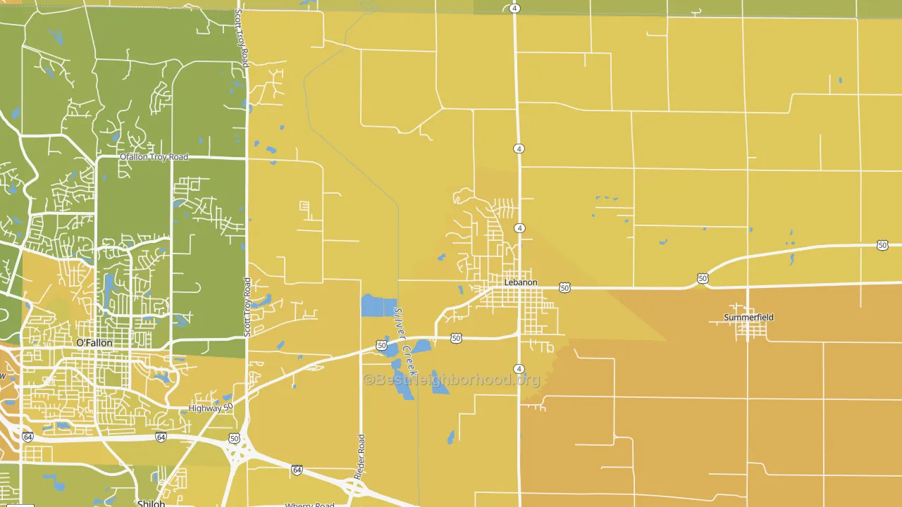 Map of the best neighborhoods in the 62254 area, with better matches in green and worse matches in red