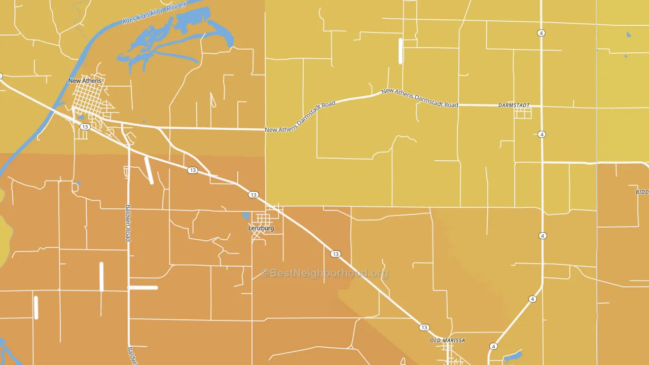 Map of the best neighborhoods in the 62255 area, with better matches in green and worse matches in red