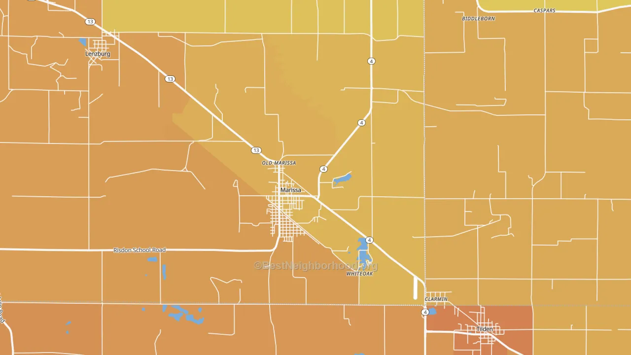 Map of the best neighborhoods in the 62257 area, with better matches in green and worse matches in red
