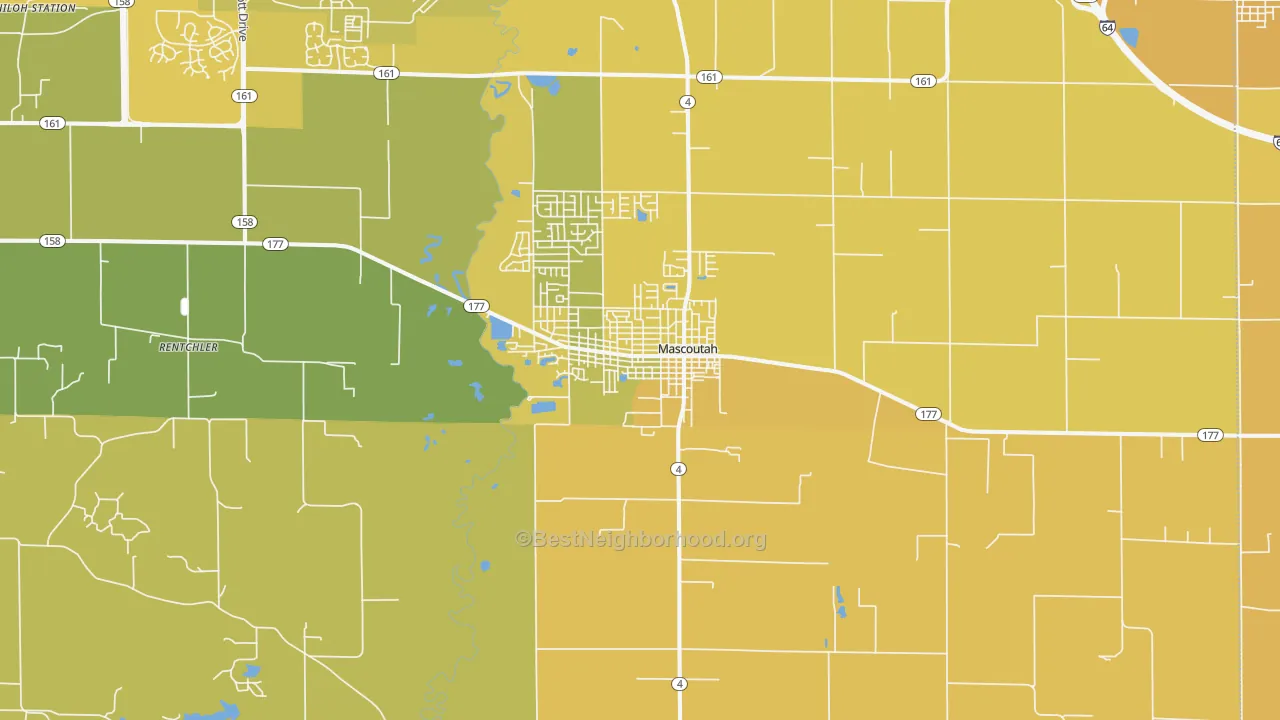 Map of the best neighborhoods in the 62258 area, with better matches in green and worse matches in red