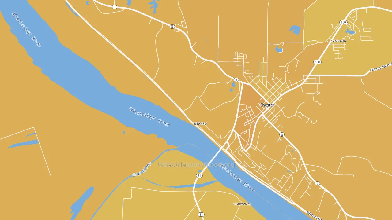 Map of the best neighborhoods in the 62259 area, with better matches in green and worse matches in red