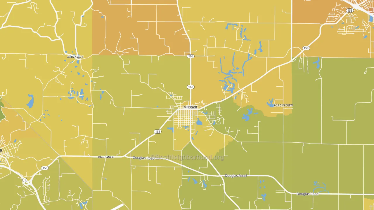 Map of the best neighborhoods in the 62260 area, with better matches in green and worse matches in red
