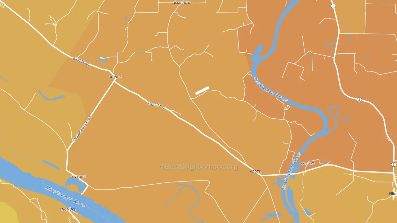 Map of the best neighborhoods in the 62261 area, with better matches in green and worse matches in red