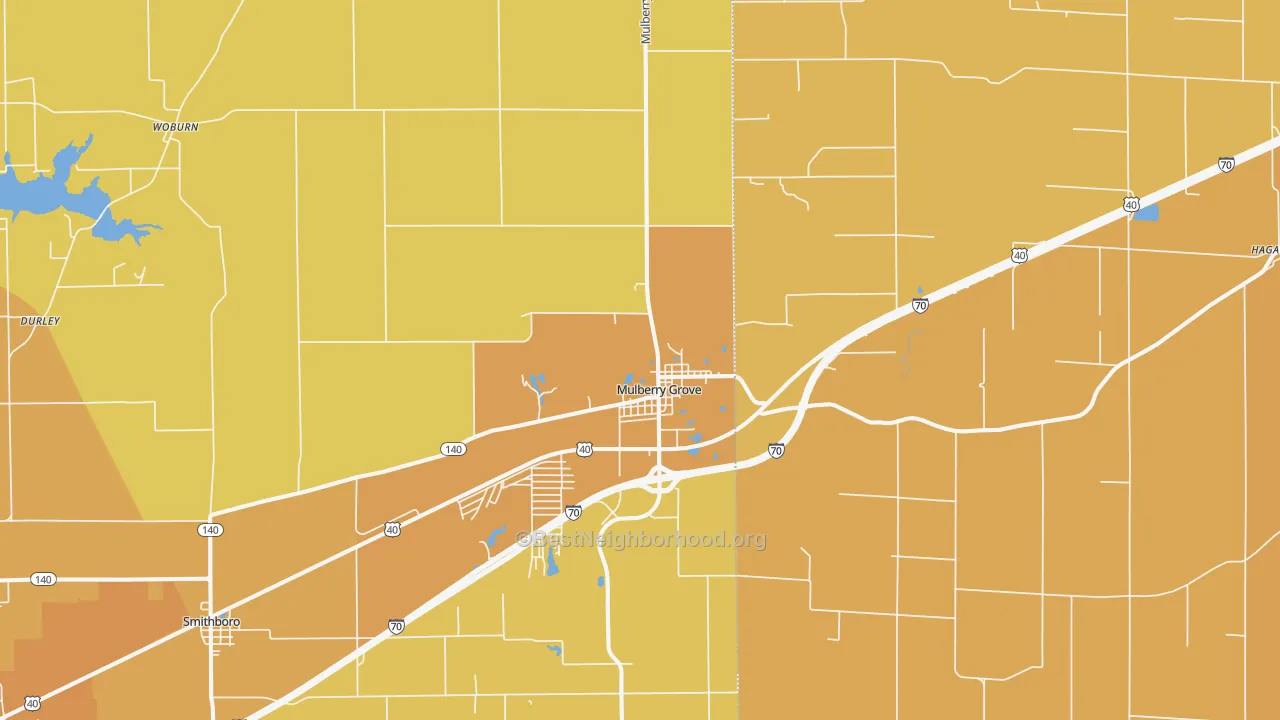 Map of the best neighborhoods in the 62262 area, with better matches in green and worse matches in red