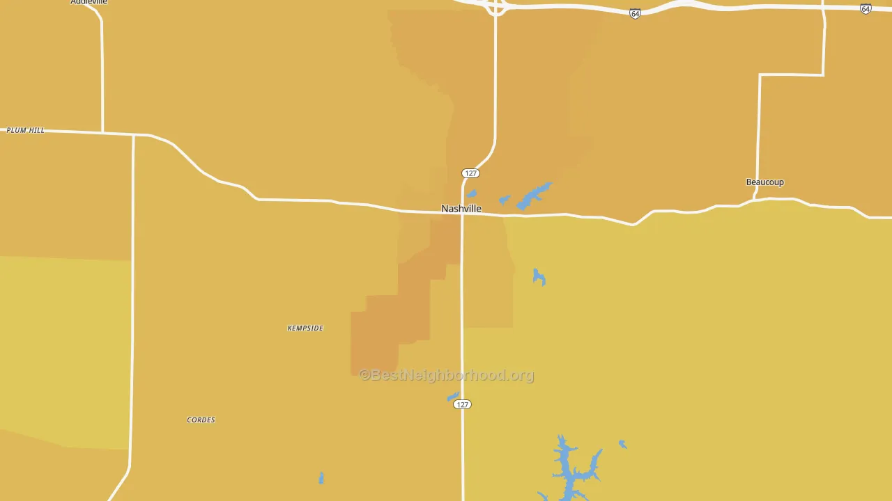 Map of the best neighborhoods in the 62263 area, with better matches in green and worse matches in red