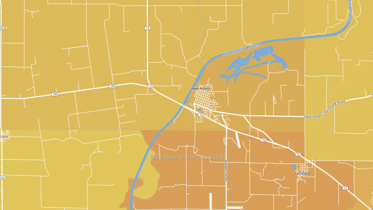 Map of the best neighborhoods in the 62264 area, with better matches in green and worse matches in red