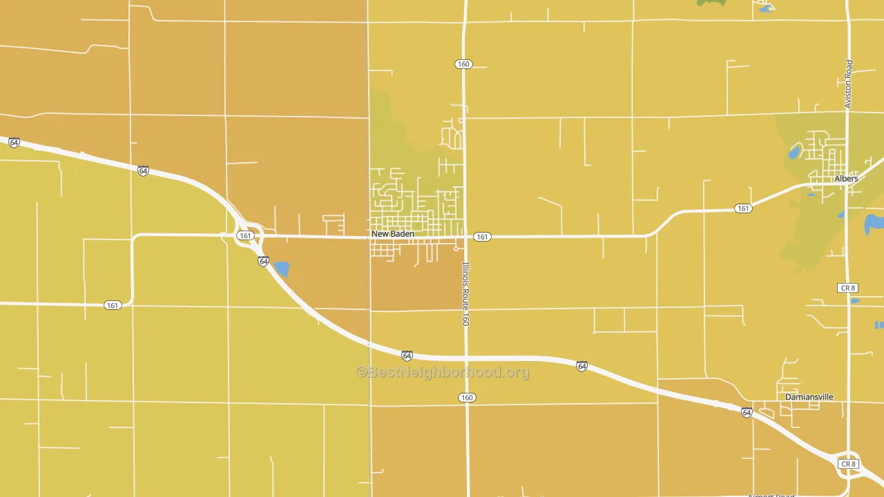 Map of the best neighborhoods in the 62265 area, with better matches in green and worse matches in red