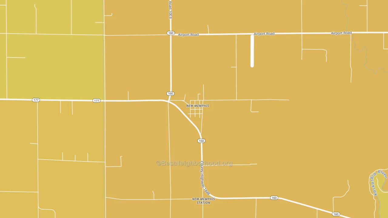 Map of the best neighborhoods in the 62266 area, with better matches in green and worse matches in red