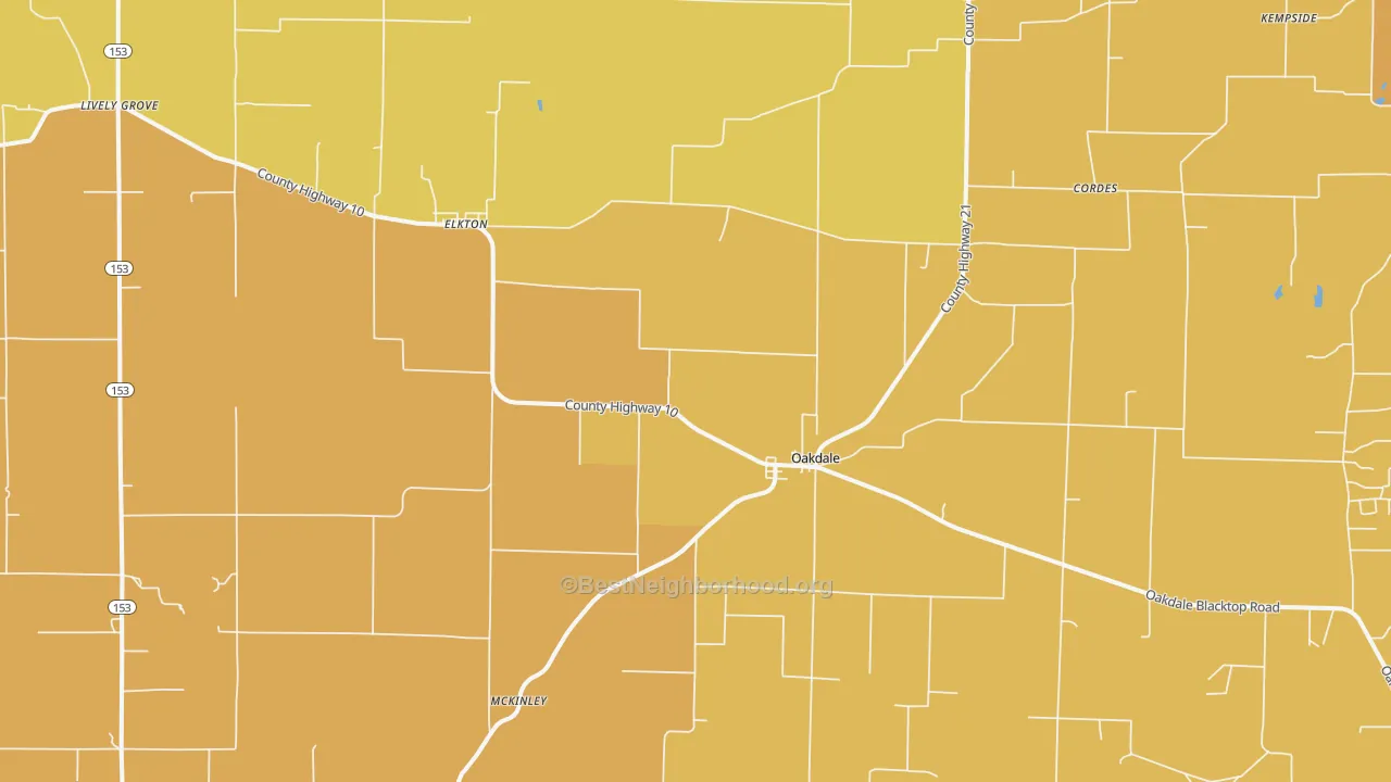 Map of the best neighborhoods in the 62268 area, with better matches in green and worse matches in red