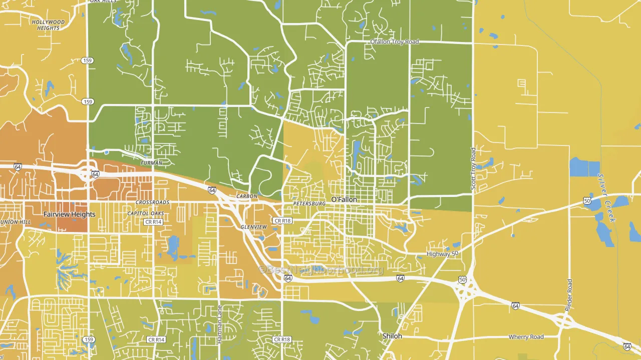 Map of the best neighborhoods in the 62269 area, with better matches in green and worse matches in red