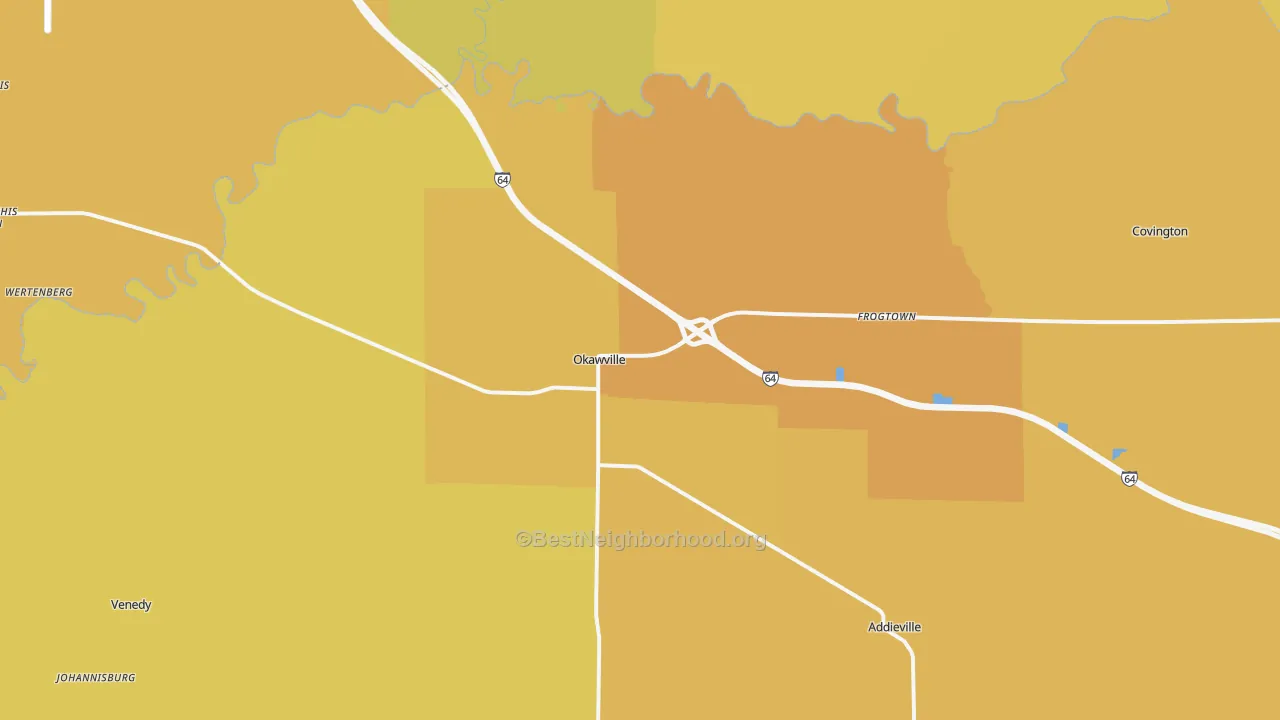 Map of the best neighborhoods in the 62271 area, with better matches in green and worse matches in red
