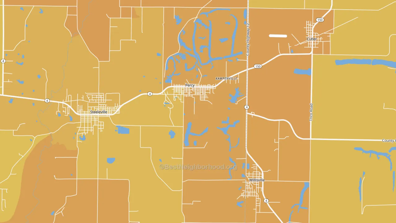 Map of the best neighborhoods in the 62272 area, with better matches in green and worse matches in red