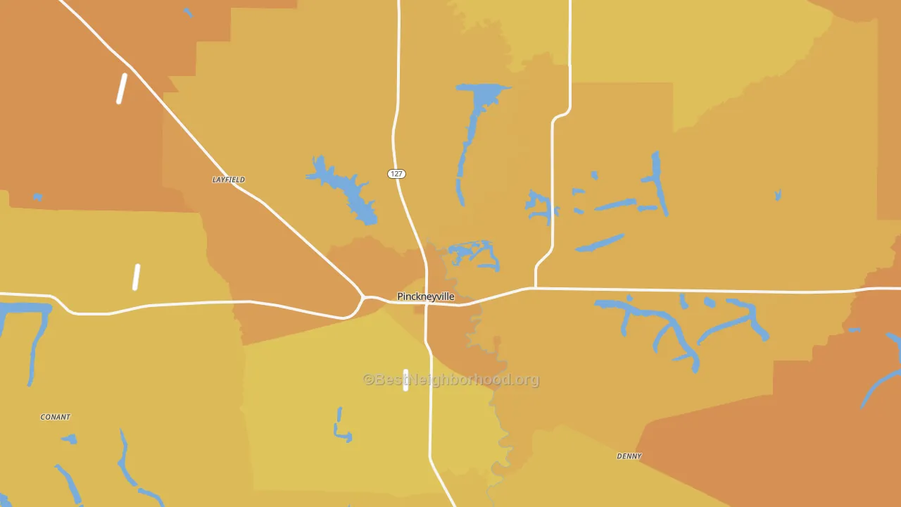 Map of the best neighborhoods in the 62274 area, with better matches in green and worse matches in red