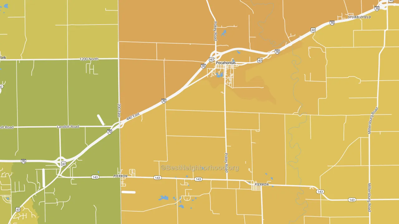 Map of the best neighborhoods in the 62275 area, with better matches in green and worse matches in red