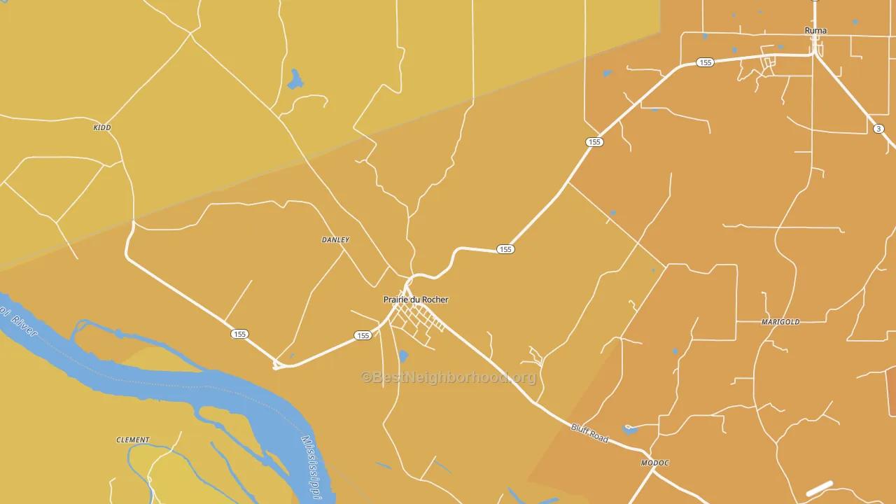 Map of the best neighborhoods in the 62277 area, with better matches in green and worse matches in red