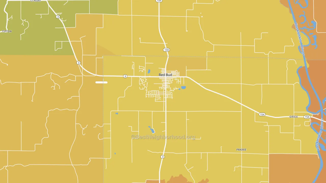 Map of the best neighborhoods in the 62278 area, with better matches in green and worse matches in red