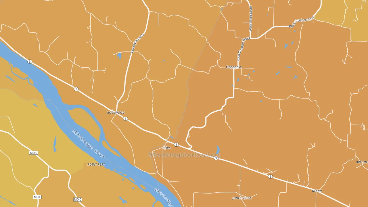 Map of the best neighborhoods in the 62280 area, with better matches in green and worse matches in red