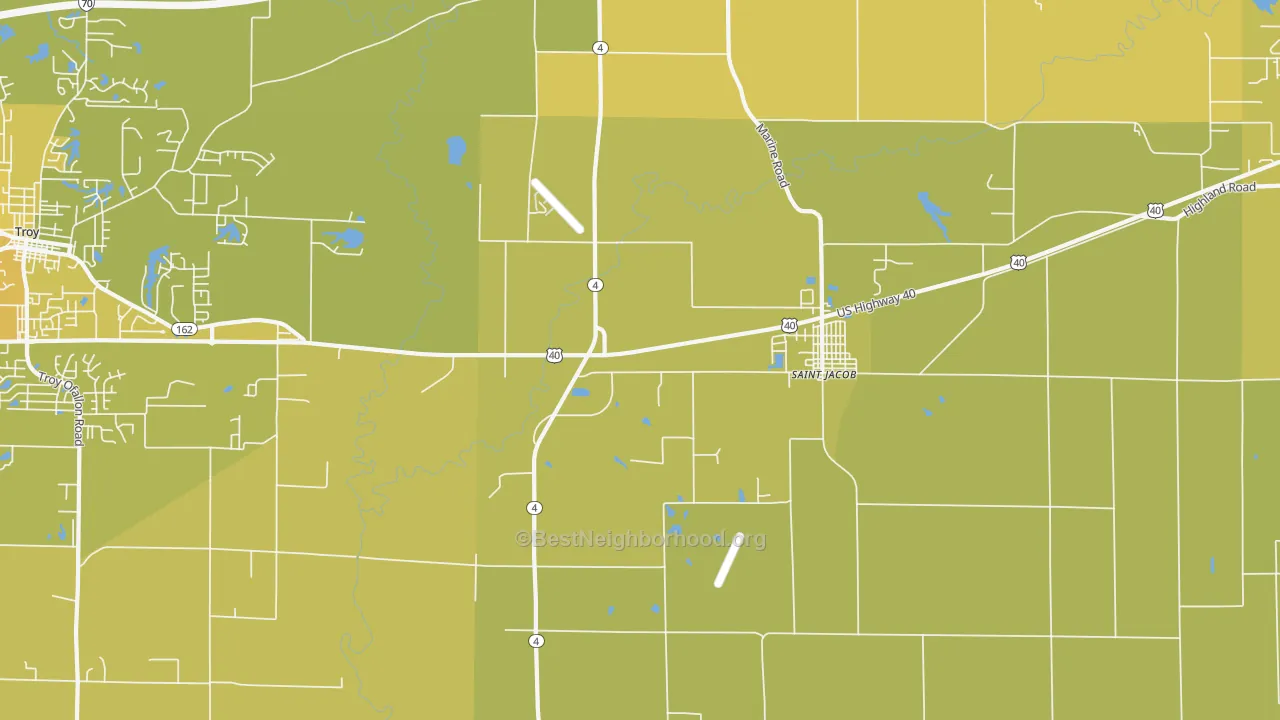 Map of the best neighborhoods in the 62281 area, with better matches in green and worse matches in red