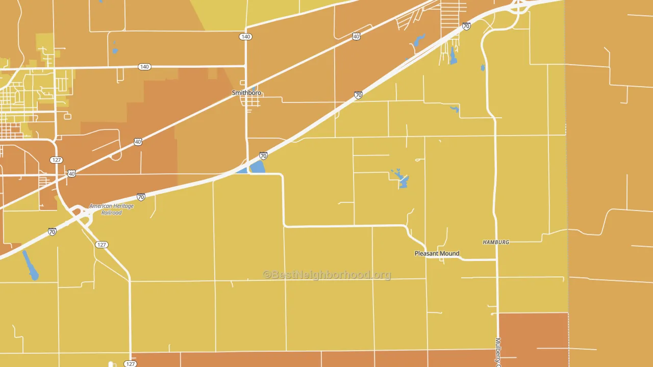 Map of the best neighborhoods in the 62284 area, with better matches in green and worse matches in red