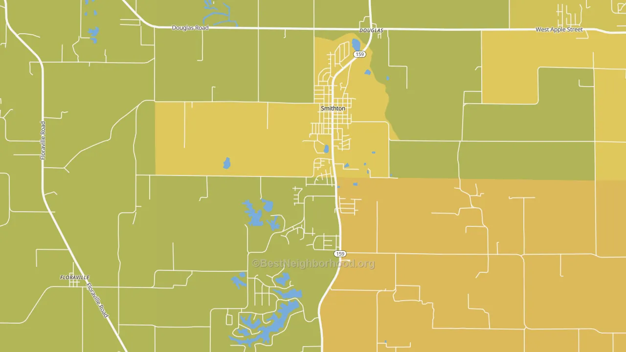 Map of the best neighborhoods in the 62285 area, with better matches in green and worse matches in red