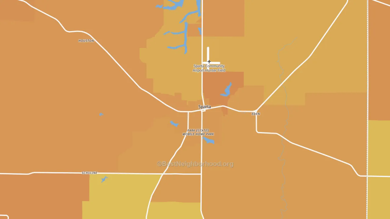 Map of the best neighborhoods in the 62286 area, with better matches in green and worse matches in red