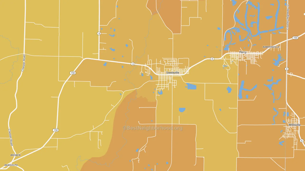 Map of the best neighborhoods in the 62288 area, with better matches in green and worse matches in red