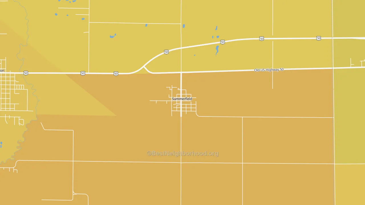 Map of the best neighborhoods in the 62289 area, with better matches in green and worse matches in red