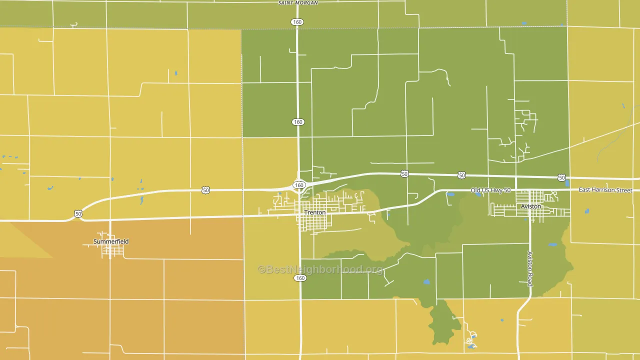 Map of the best neighborhoods in the 62293 area, with better matches in green and worse matches in red