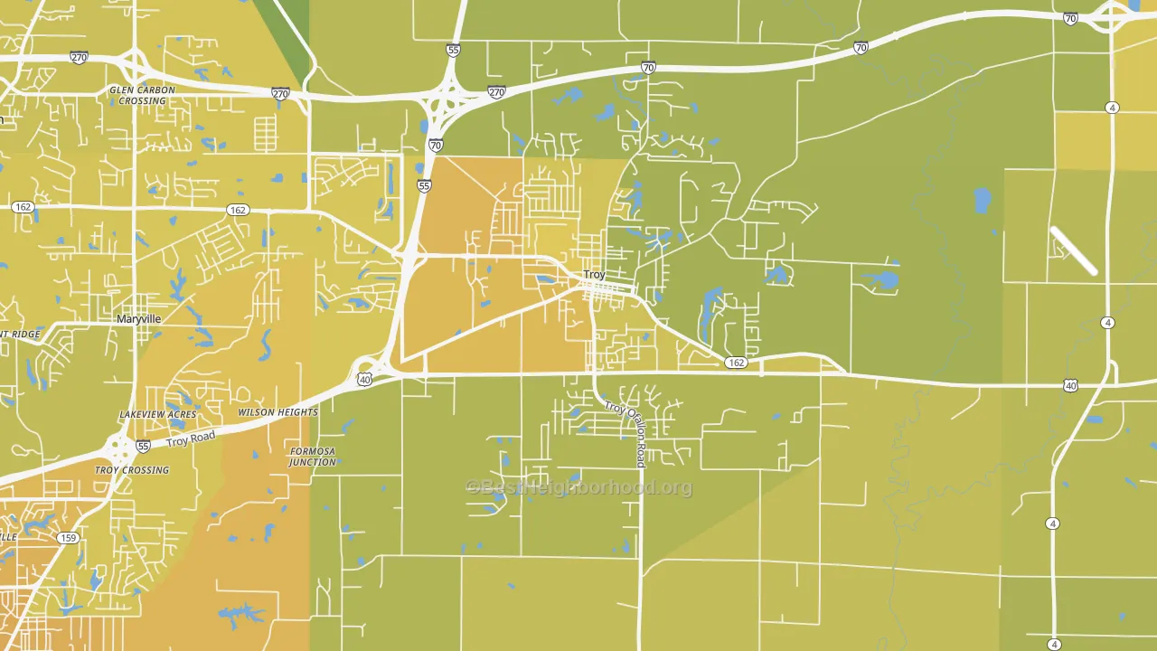 Map of the best neighborhoods in the 62294 area, with better matches in green and worse matches in red
