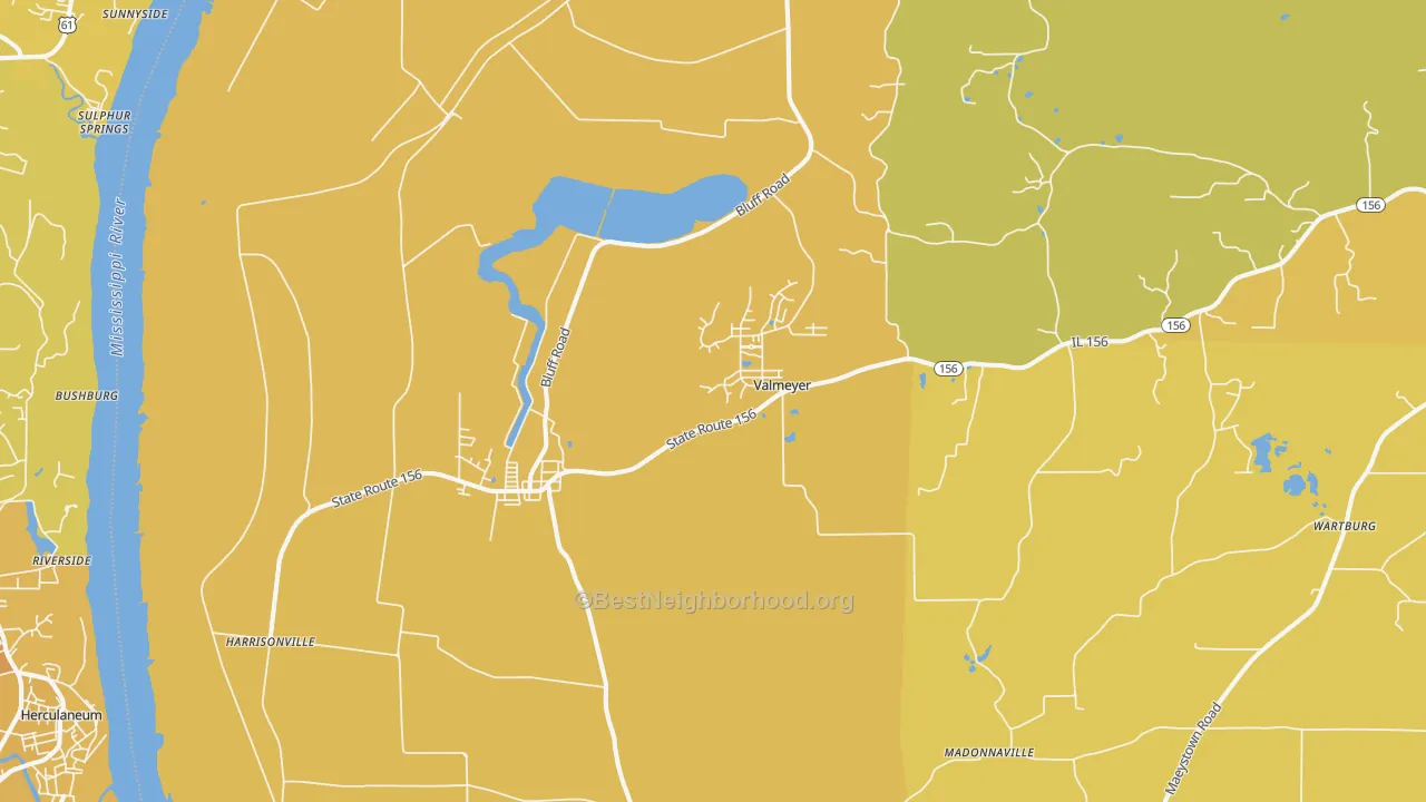 Map of the best neighborhoods in the 62295 area, with better matches in green and worse matches in red