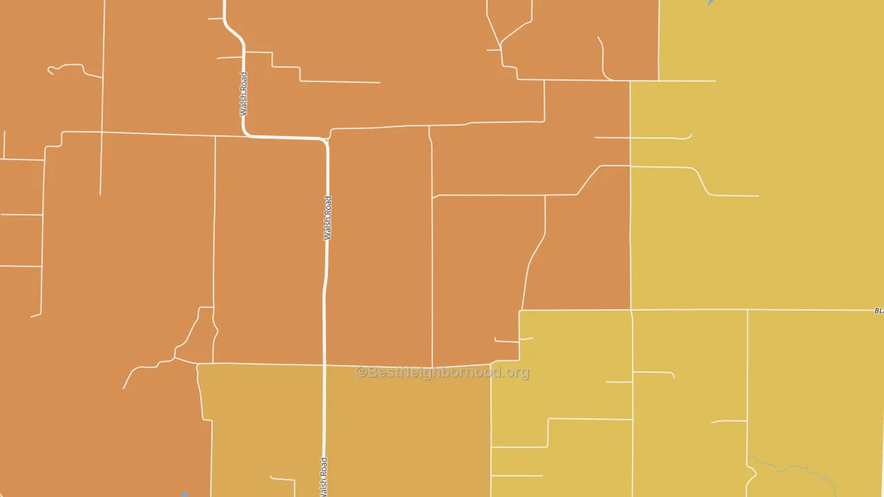 Map of the best neighborhoods in the 62297 area, with better matches in green and worse matches in red