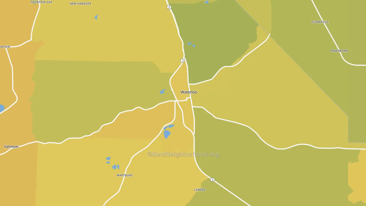 Map of the best neighborhoods in the 62298 area, with better matches in green and worse matches in red