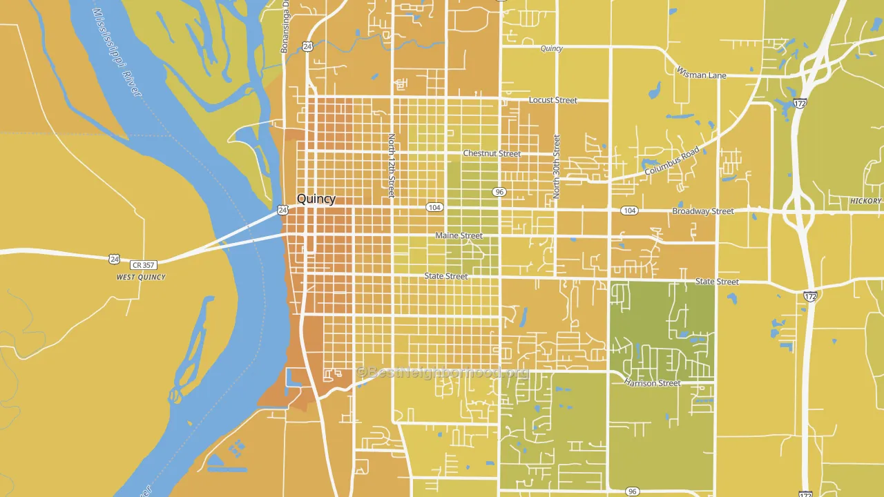 Map of the best neighborhoods in the 62301 area, with better matches in green and worse matches in red