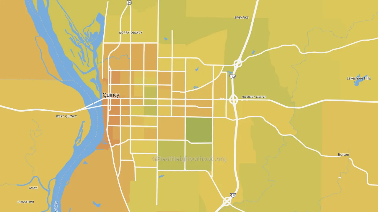 Map of the best neighborhoods in the 62305 area, with better matches in green and worse matches in red