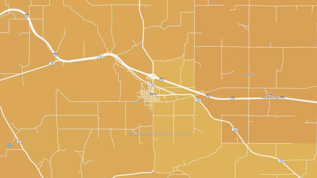 Map of the best neighborhoods in the 62312 area, with better matches in green and worse matches in red