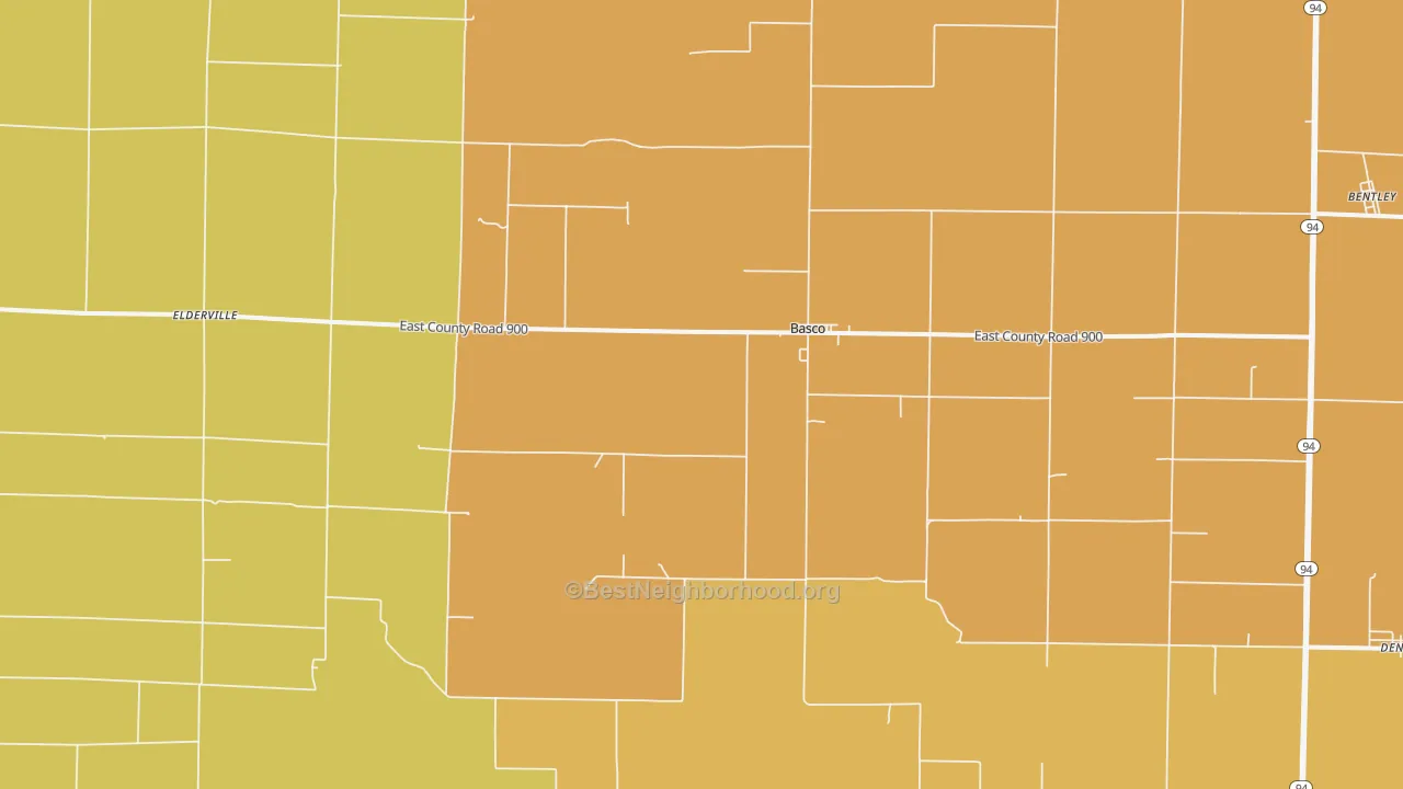 Map of the best neighborhoods in the 62313 area, with better matches in green and worse matches in red