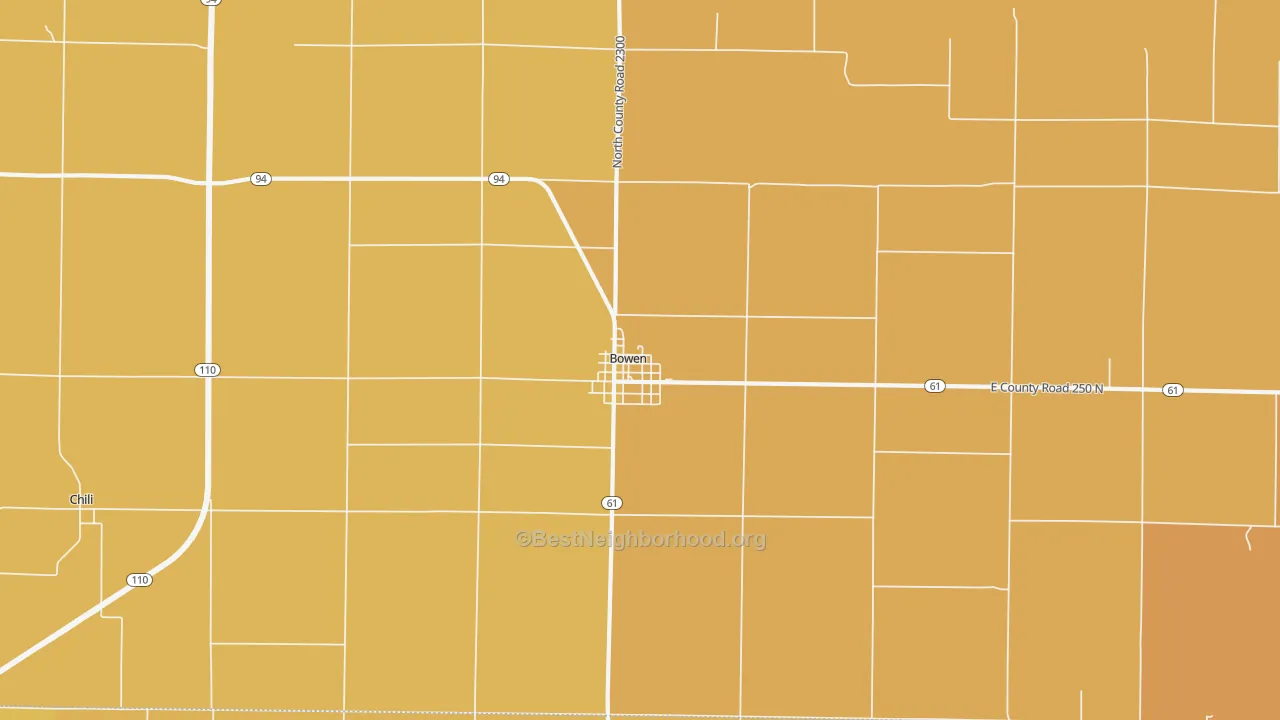 Map of the best neighborhoods in the 62316 area, with better matches in green and worse matches in red