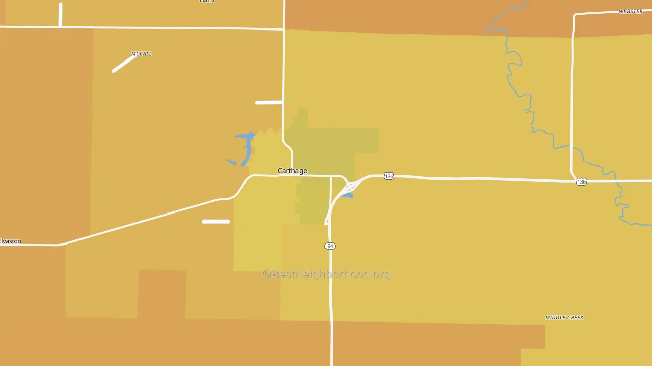 Map of the best neighborhoods in the 62321 area, with better matches in green and worse matches in red