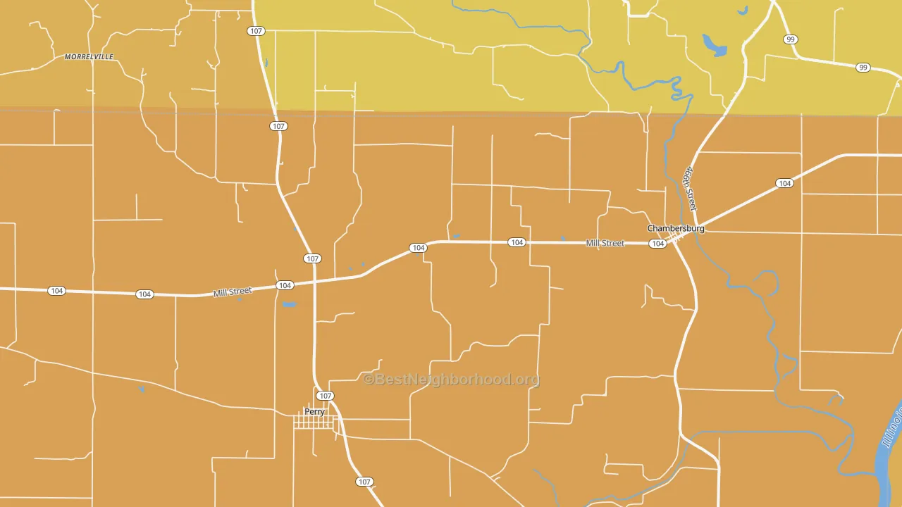 Map of the best neighborhoods in the 62323 area, with better matches in green and worse matches in red