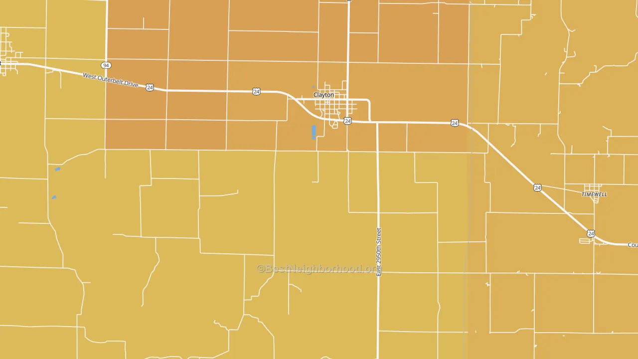 Map of the best neighborhoods in the 62324 area, with better matches in green and worse matches in red