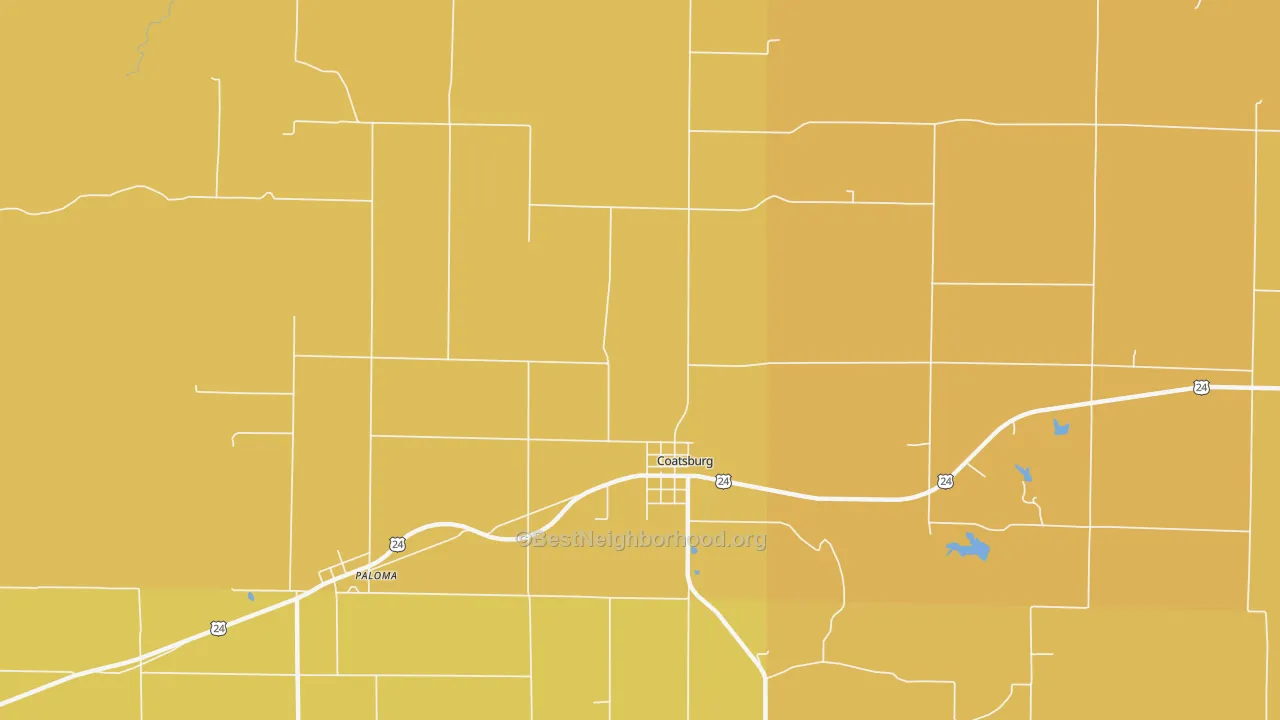 Map of the best neighborhoods in the 62325 area, with better matches in green and worse matches in red