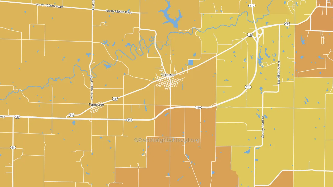 Map of the best neighborhoods in the 62326 area, with better matches in green and worse matches in red