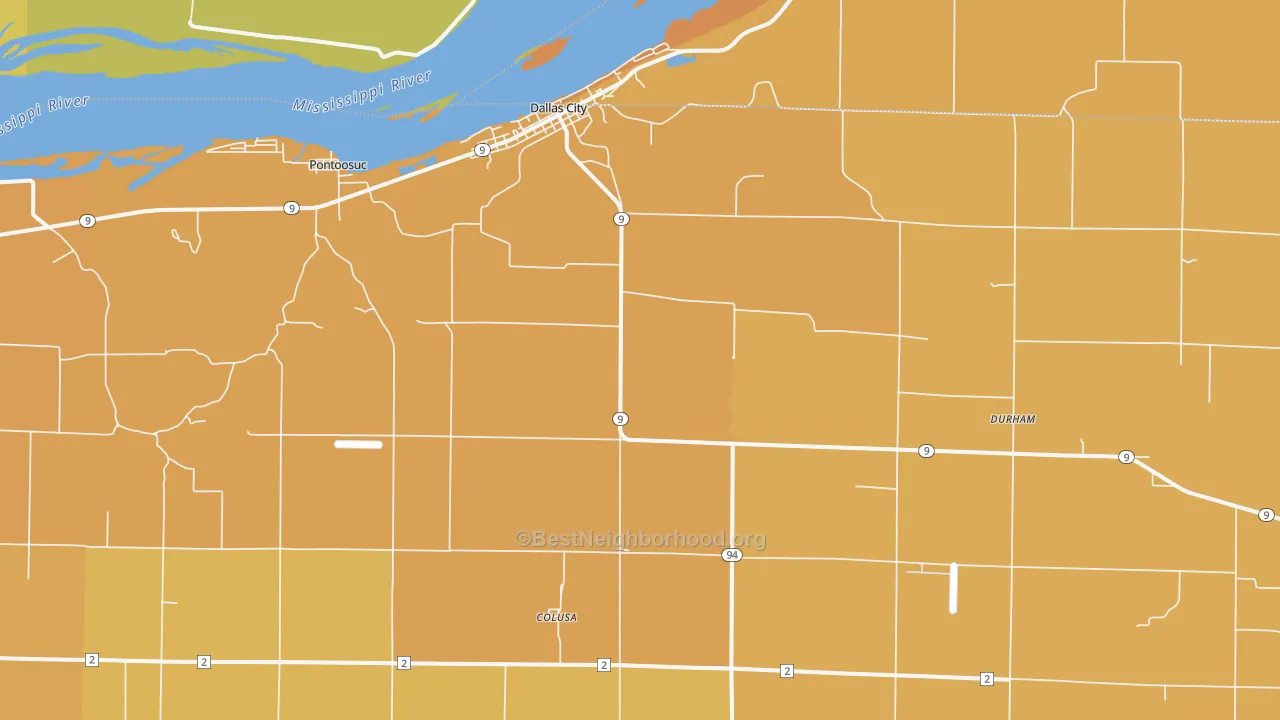 Map of the best neighborhoods in the 62330 area, with better matches in green and worse matches in red