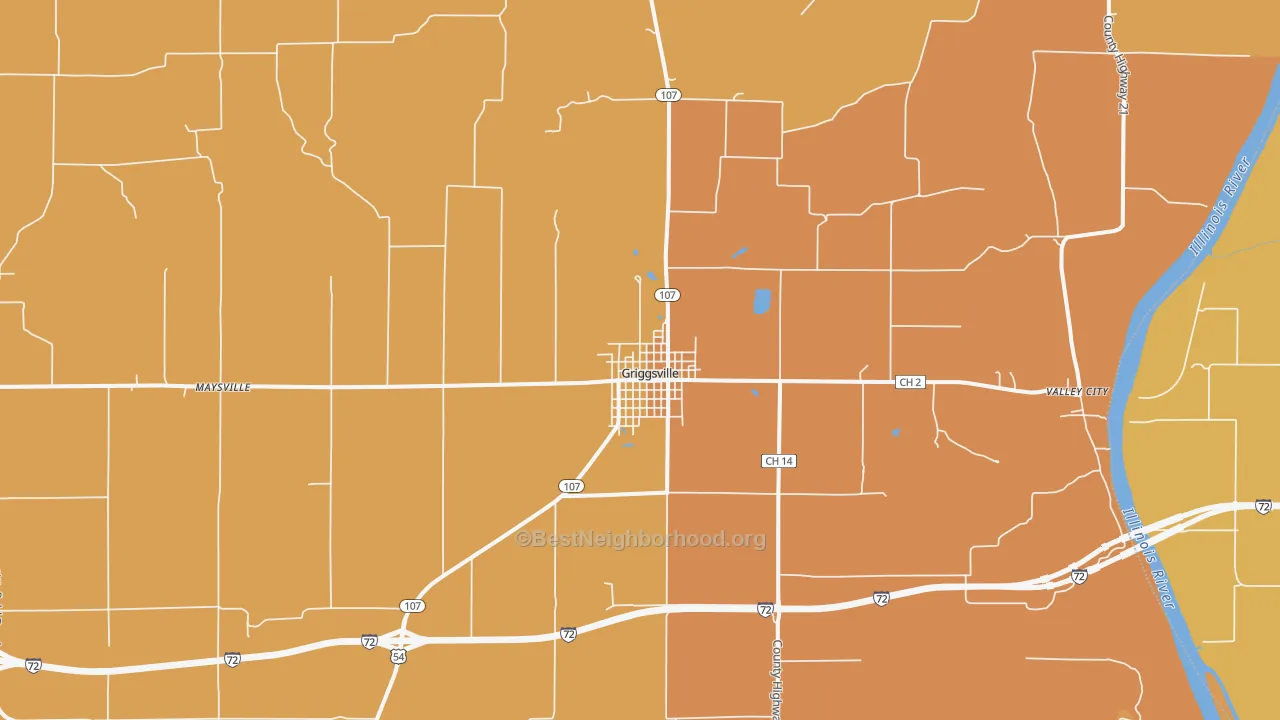 Map of the best neighborhoods in the 62340 area, with better matches in green and worse matches in red
