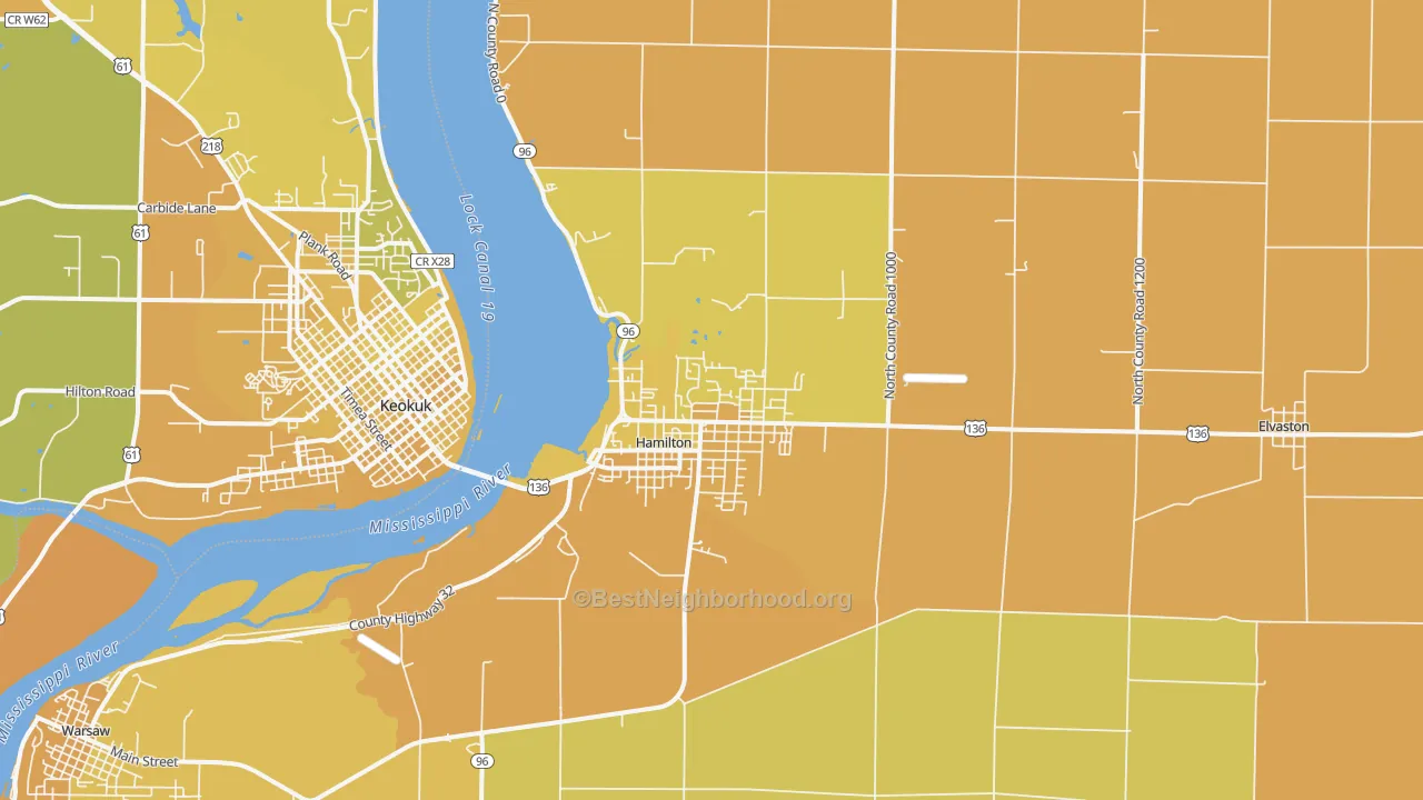 Map of the best neighborhoods in the 62341 area, with better matches in green and worse matches in red